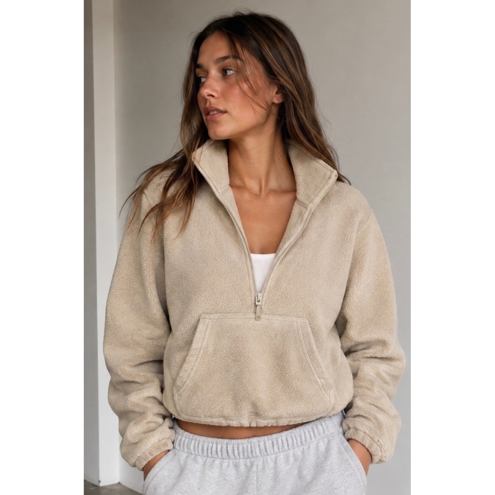 Tna Aritzia Polar Fleece Quarter Zip Pullover Cropped Cream Beige XS.Drawstring